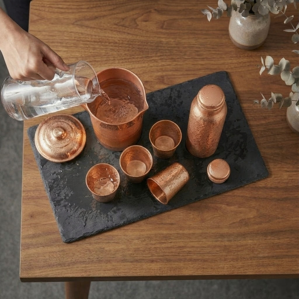 Pure Copper Drinkware Set – Jug, Bottle & 4 Glasses - Copperaa