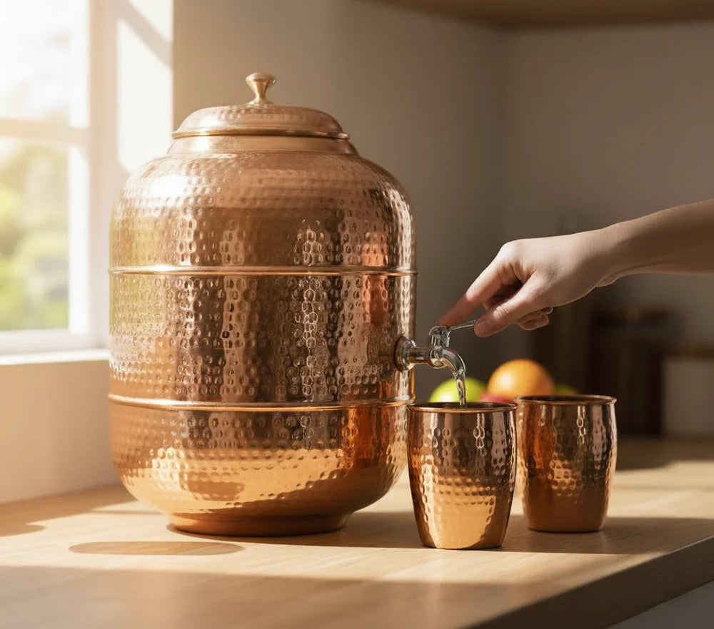 Pure Copper Hammered Water Dispenser | Ayurvedic Matka by Copperaa | 6- Litres