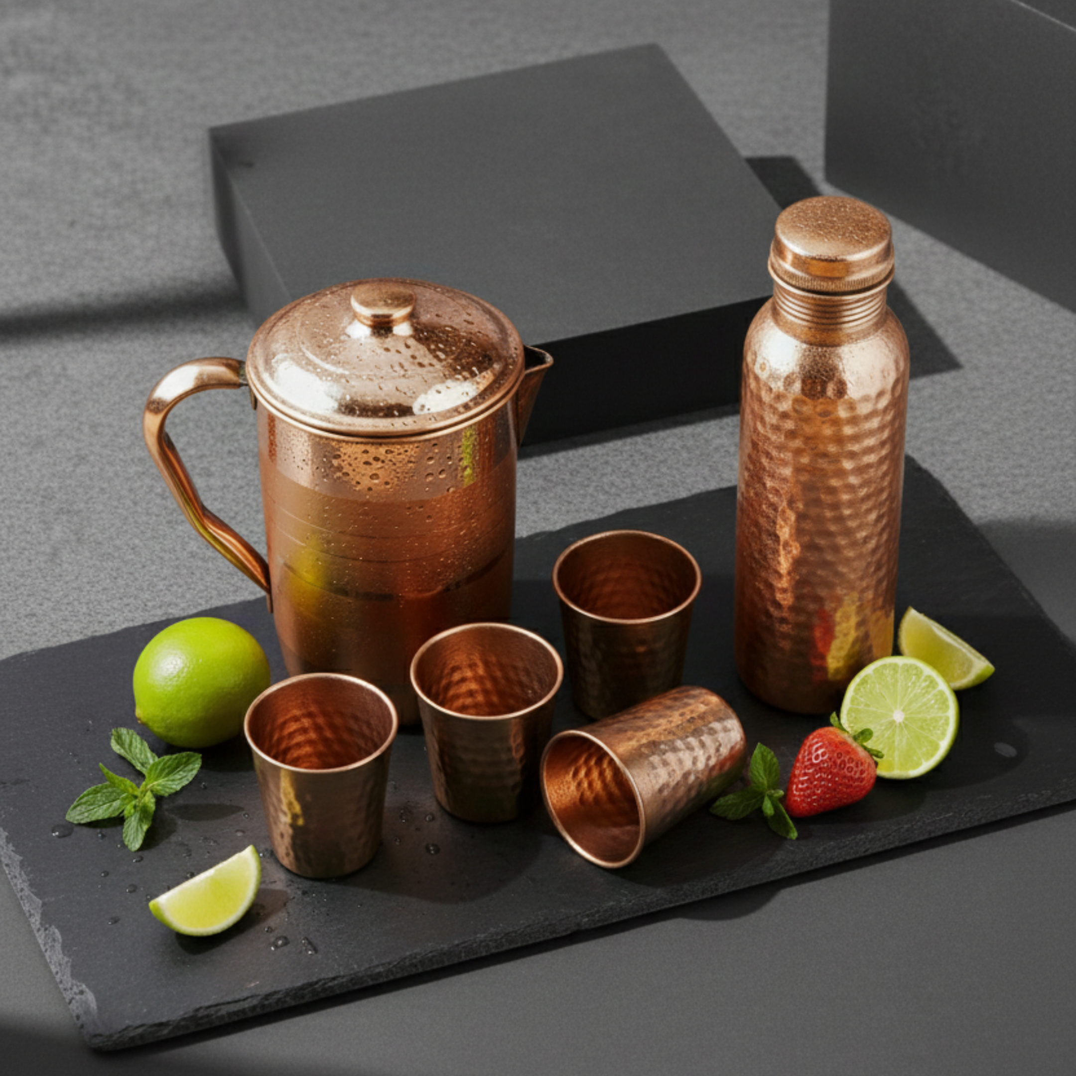 Pure Copper Drinkware Set – Jug, Bottle & 4 Glasses - Copperaa