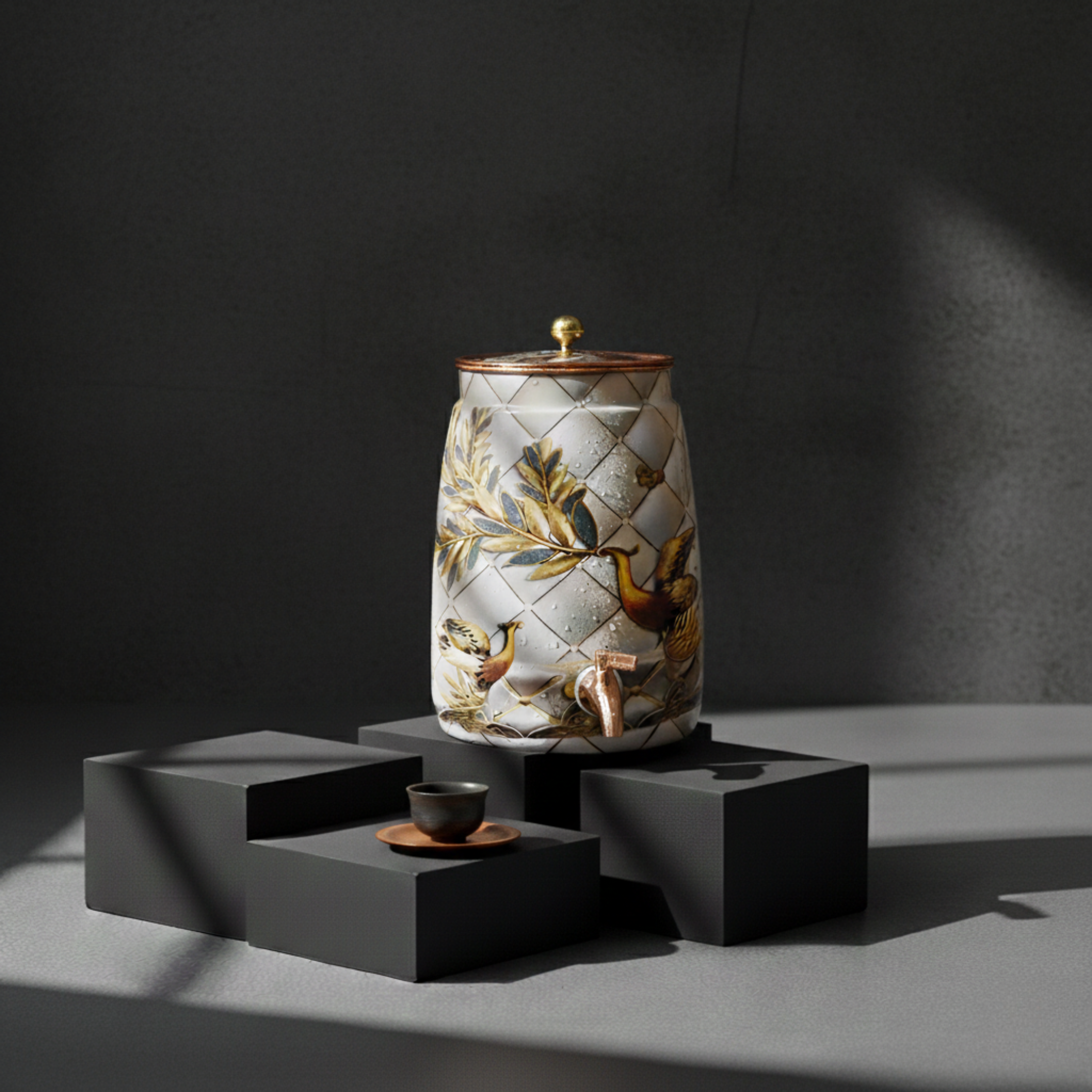 Royal Peacock 9L Copper Water Dispenser – Enamel Finish with Golden Birds Design