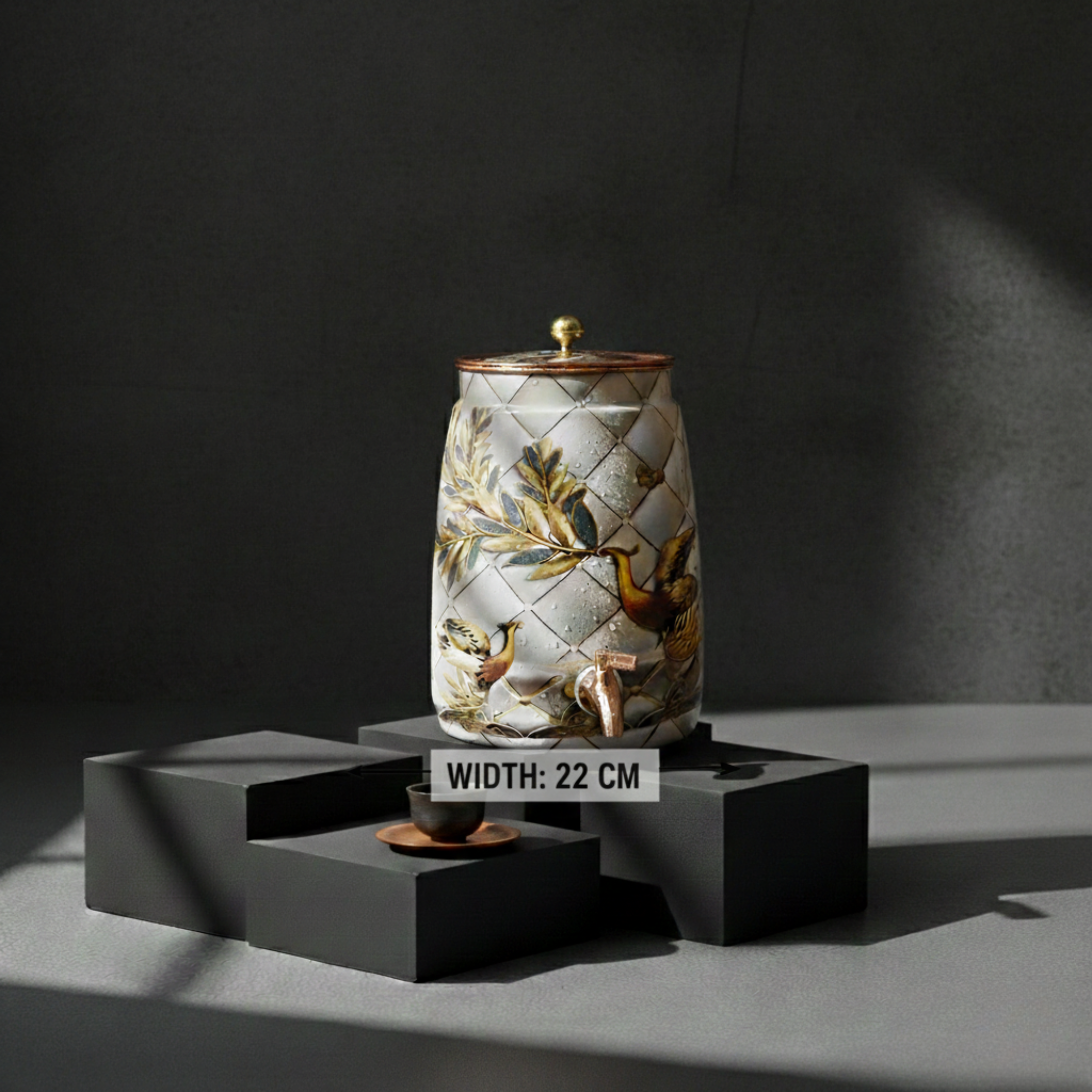 Decorative jar with floral design on a dark background