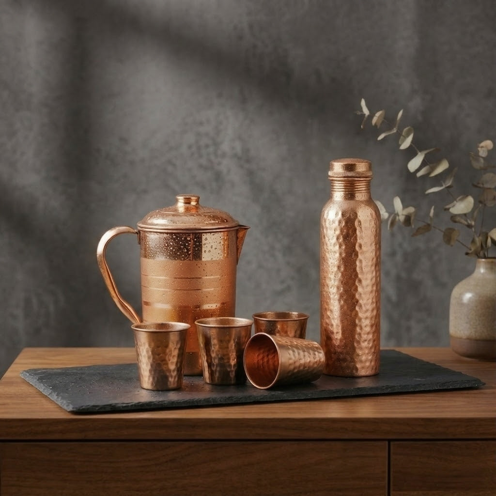 Pure Copper Drinkware Set – Jug, Bottle & 4 Glasses - Copperaa