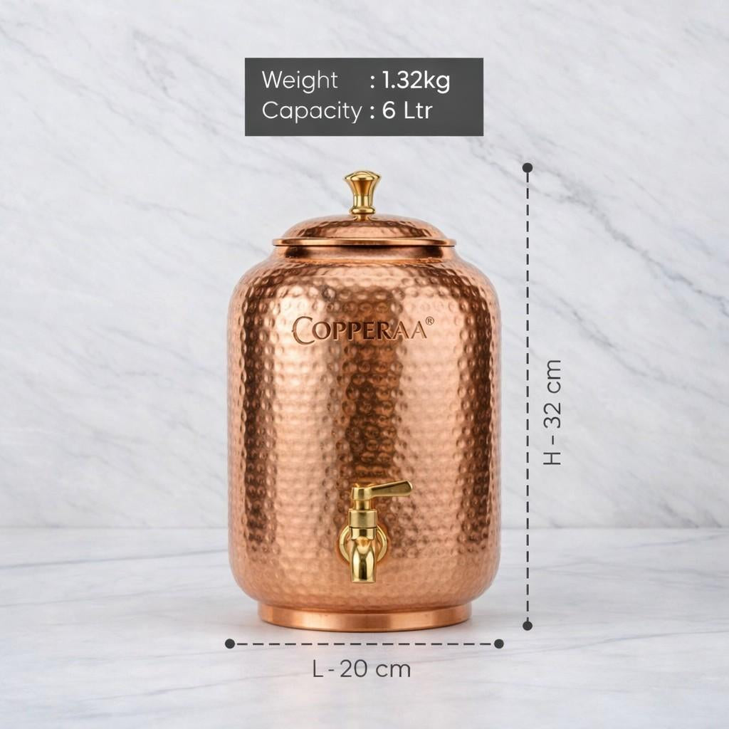 Pure Copper Hammered Water Dispenser | Ayurvedic Matka by Copperaa | 6- Litres
