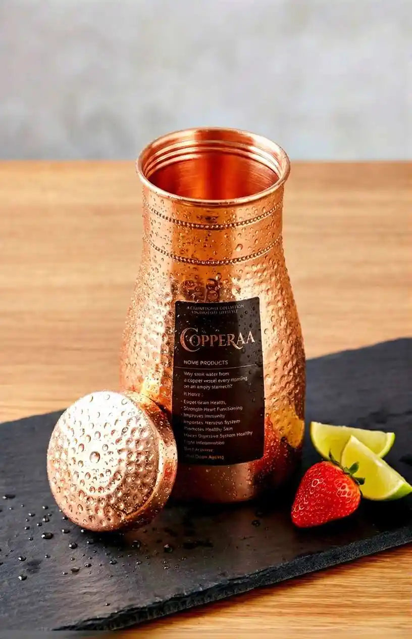 Copperaa Handcrafted Hammered Pure Copper Carafe – Ayurvedic Luxury Water Vessel