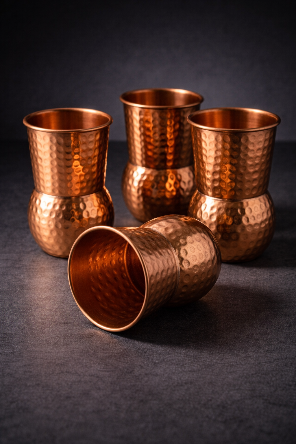 Elegant Round Bottom Hammered Copper Glass - Set of 4